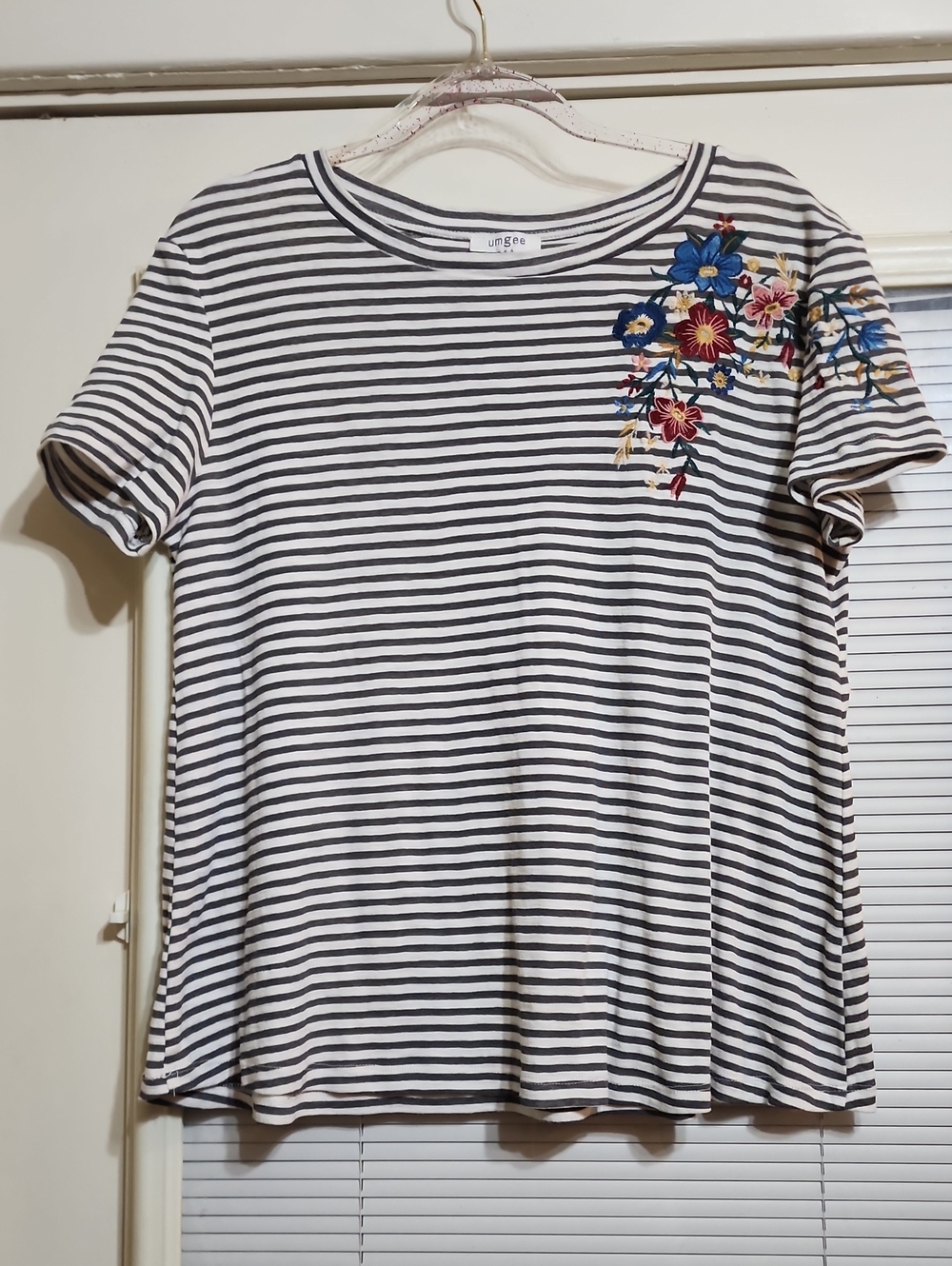 Umgee Black & White Striped Tee with Multicolor Floral Embroidery